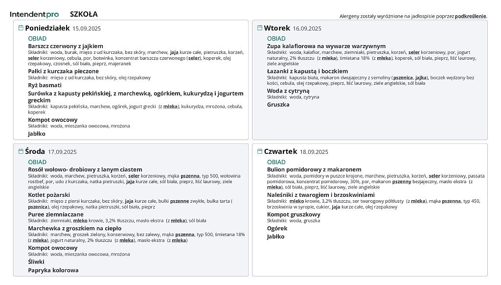 Jadłospis od poniedziałku do czwartku 