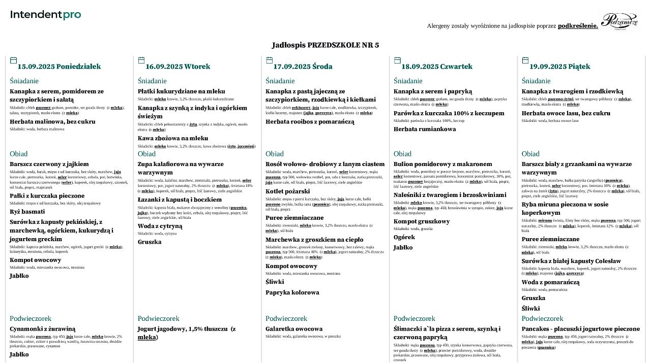 Jadłospis od poniedziałku do piątku